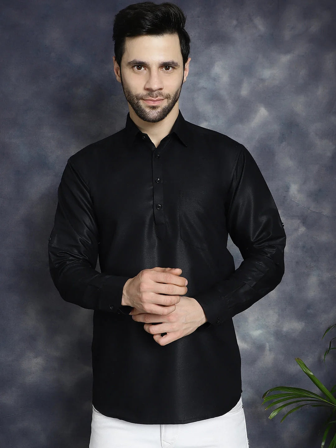 Men's Black Solid Cotton Short Kurta | Indian Kurta for Men