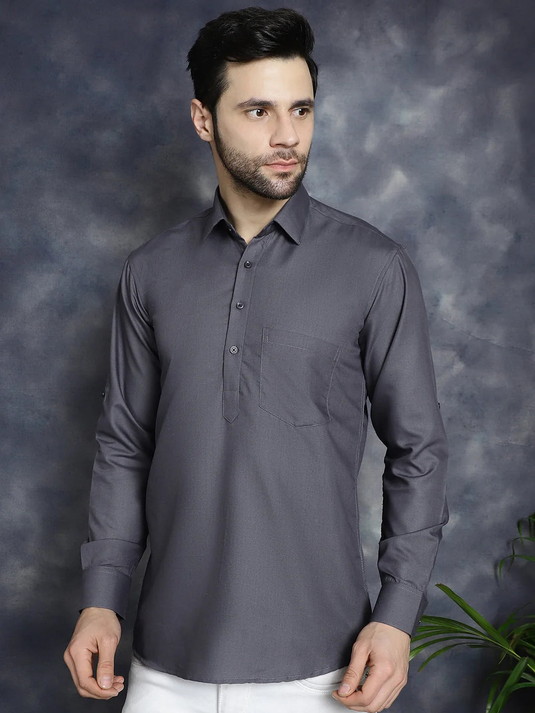 Grey Mens Kurta - Solid Cotton Short Kurta for Men Online