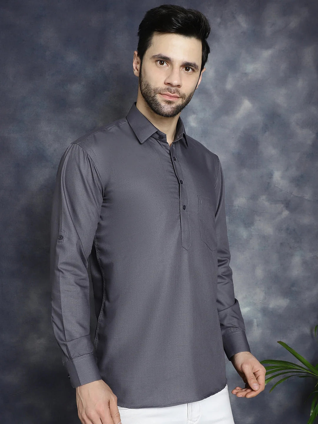 Grey Mens Kurta - Solid Cotton Short Kurta for Men Online
