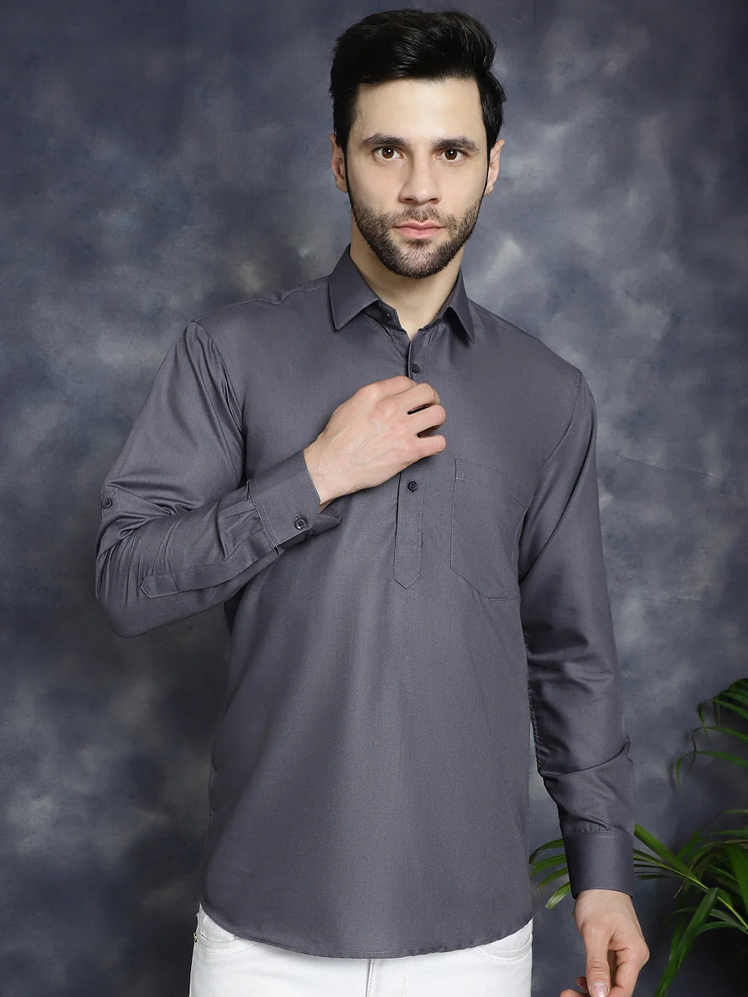 Grey Mens Kurta - Solid Cotton Short Kurta for Men Online