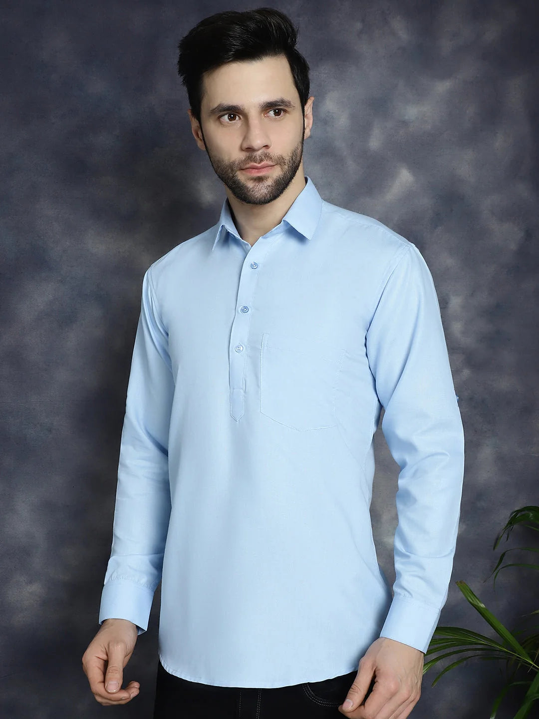 Light Blue Short Kurta for Men - Solid Cotton Mens Kurta