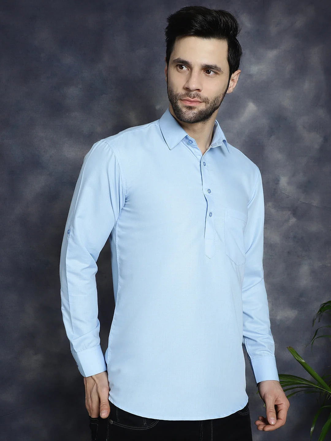 Light Blue Short Kurta for Men - Solid Cotton Mens Kurta
