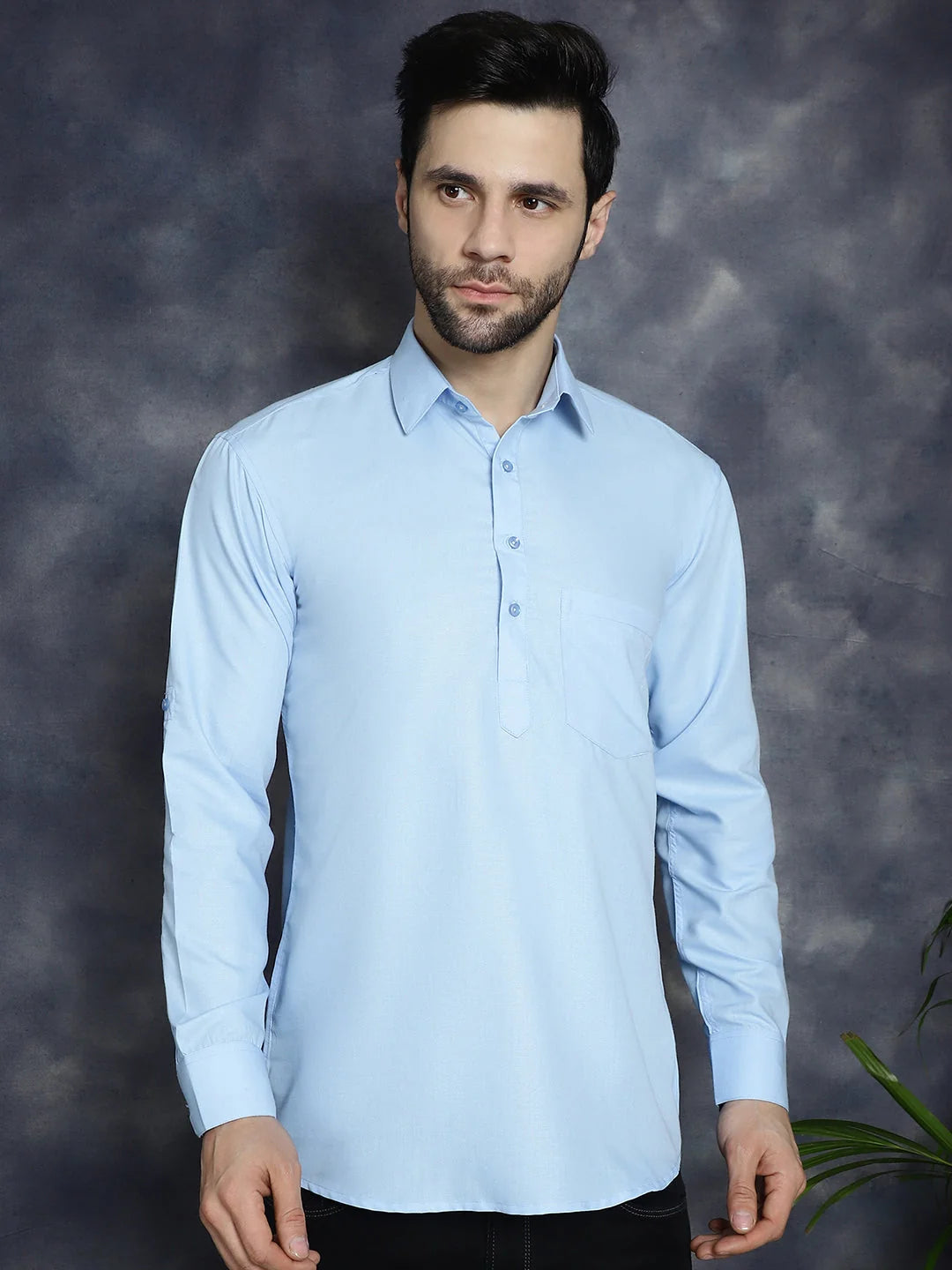 Light Blue Short Kurta for Men - Solid Cotton Mens Kurta