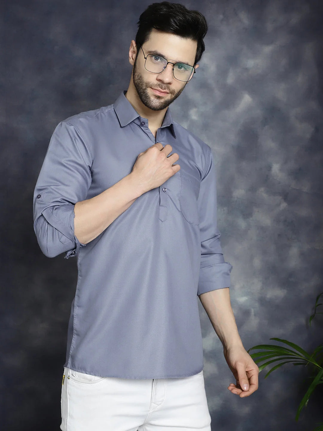 Light Grey Mens Kurta - Solid Cotton Indian Kurta for Men