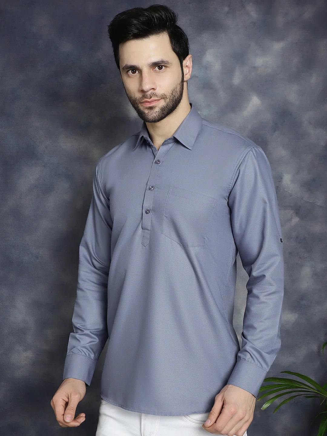 Light Grey Mens Kurta - Solid Cotton Indian Kurta for Men