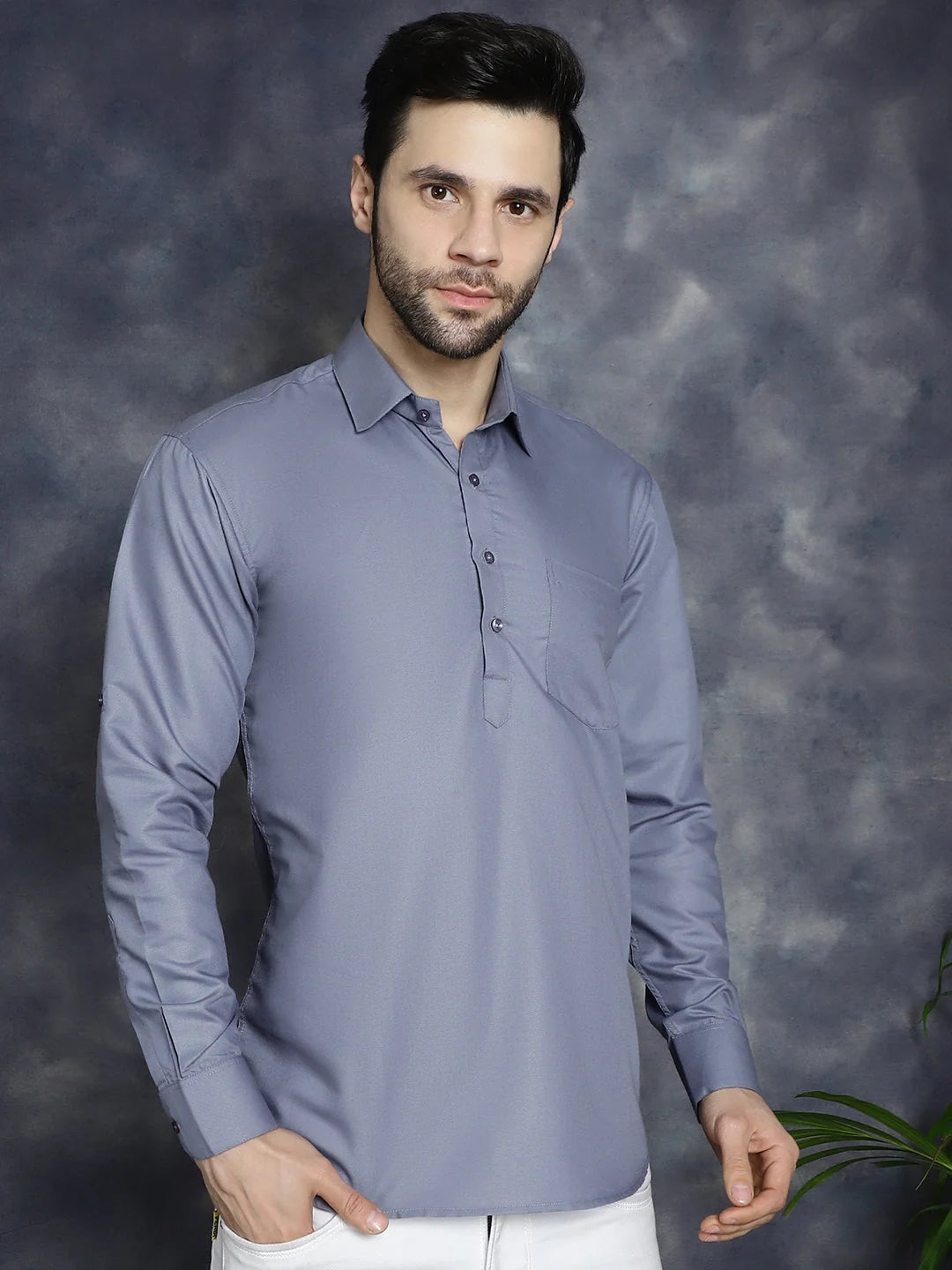 Light Grey Mens Kurta - Solid Cotton Indian Kurta for Men