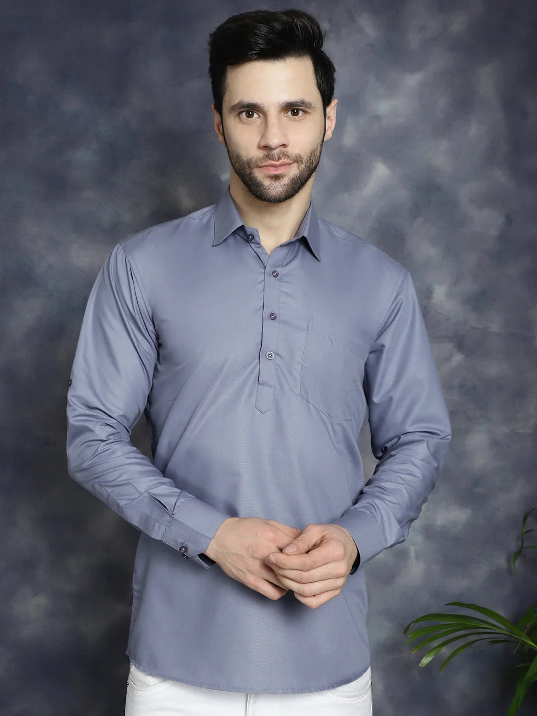 Light Grey Mens Kurta - Solid Cotton Indian Kurta for Men