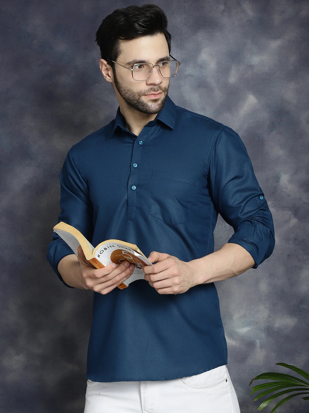 Teal Blue Mens Kurta - Solid Cotton Short Kurta for Men Online