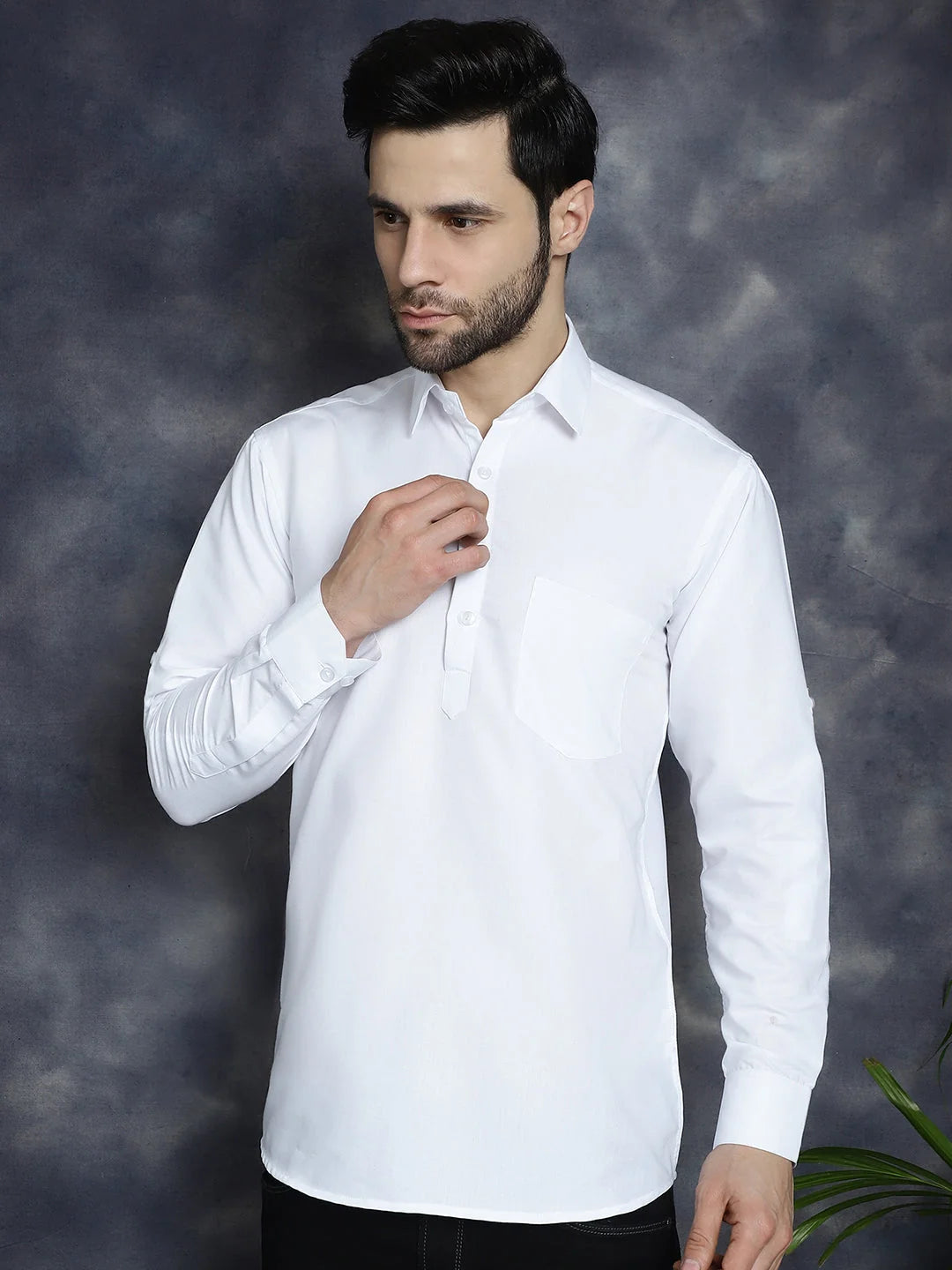 White Short Kurta for Men - Solid Cotton Mens Kurta Online