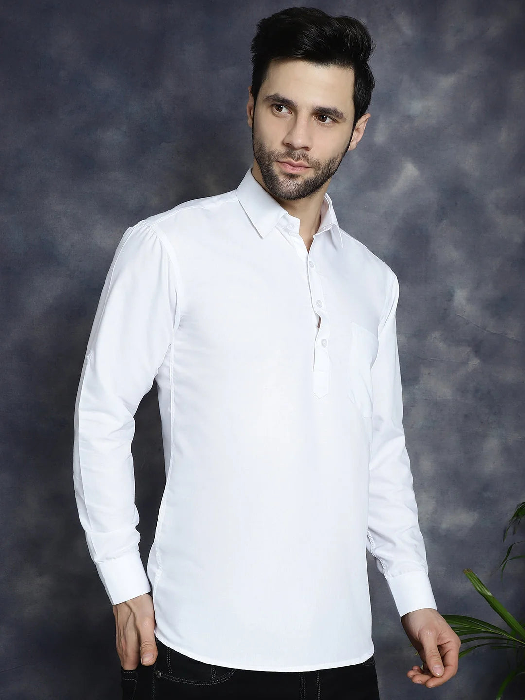 White Short Kurta for Men - Solid Cotton Mens Kurta Online