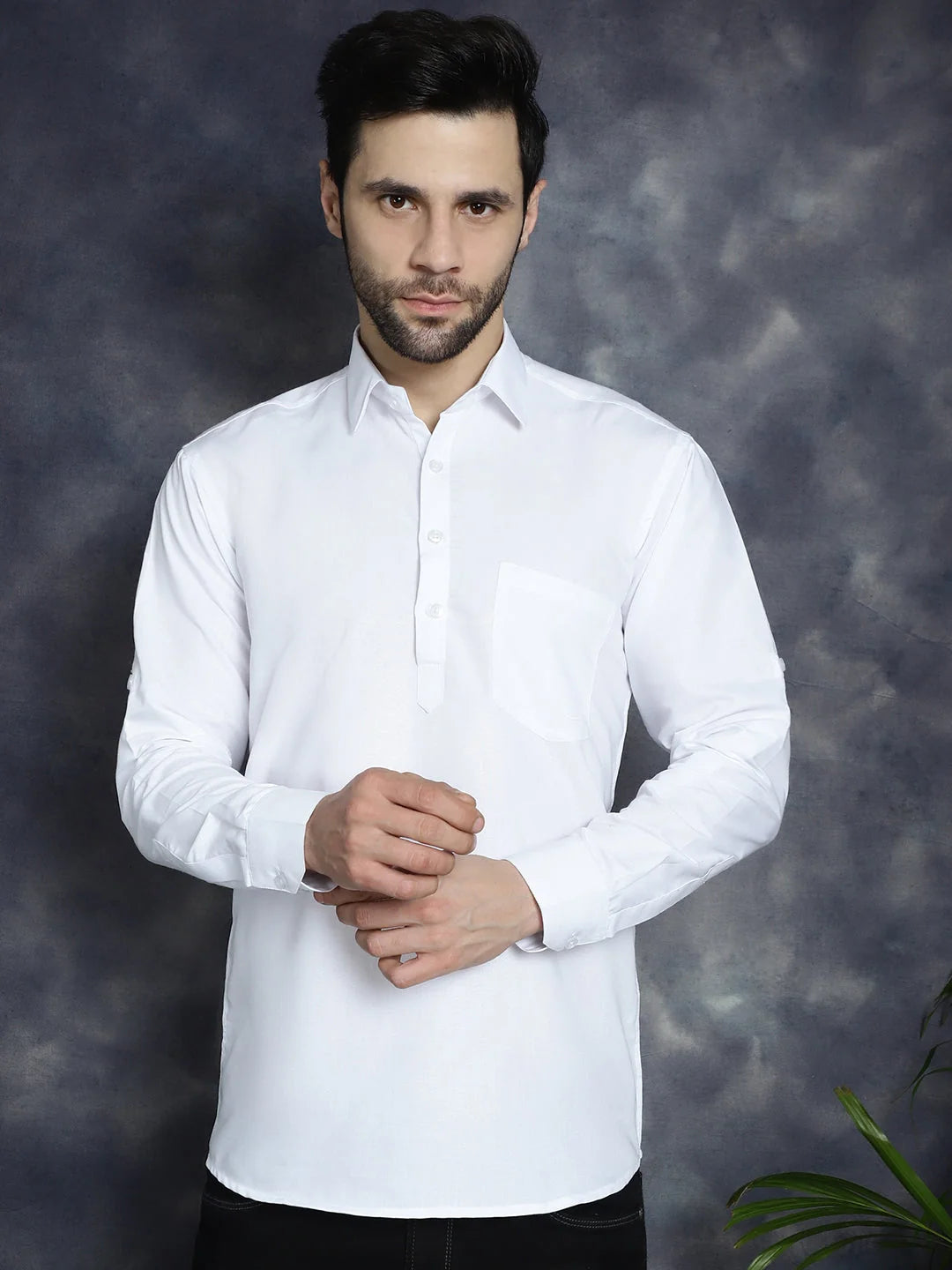 White Short Kurta for Men - Solid Cotton Mens Kurta Online