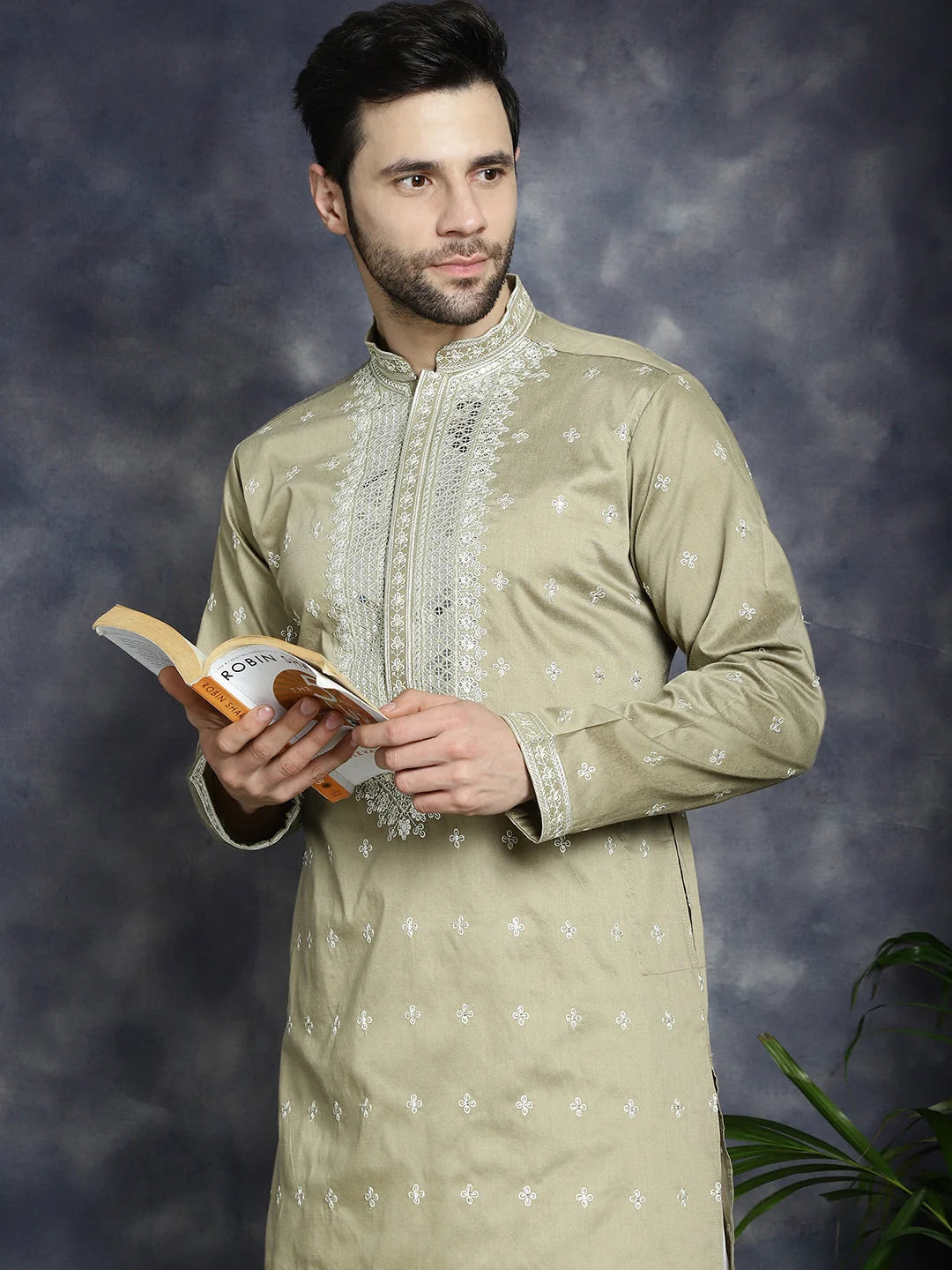 Men's Sequin Kurta - Beige Indian Wedding Kurta for Men