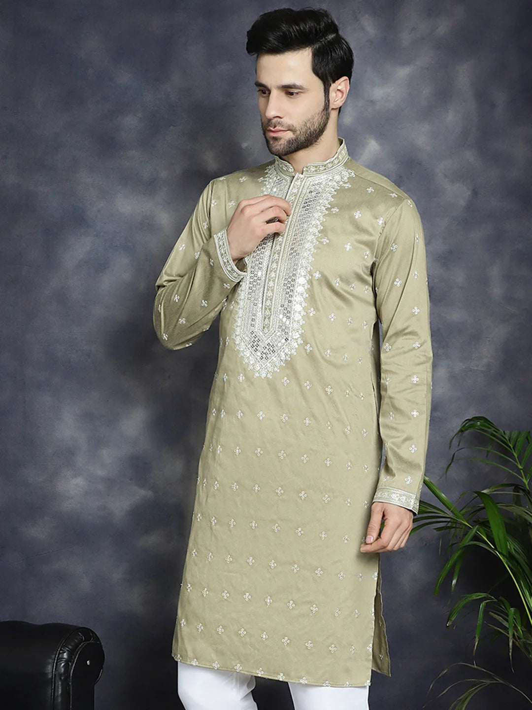 Men's Sequin Kurta - Beige Indian Wedding Kurta for Men