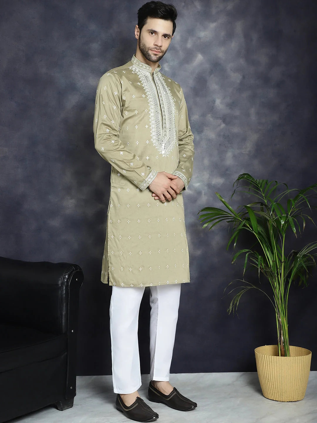 Men's Sequin Kurta - Beige Indian Wedding Kurta for Men