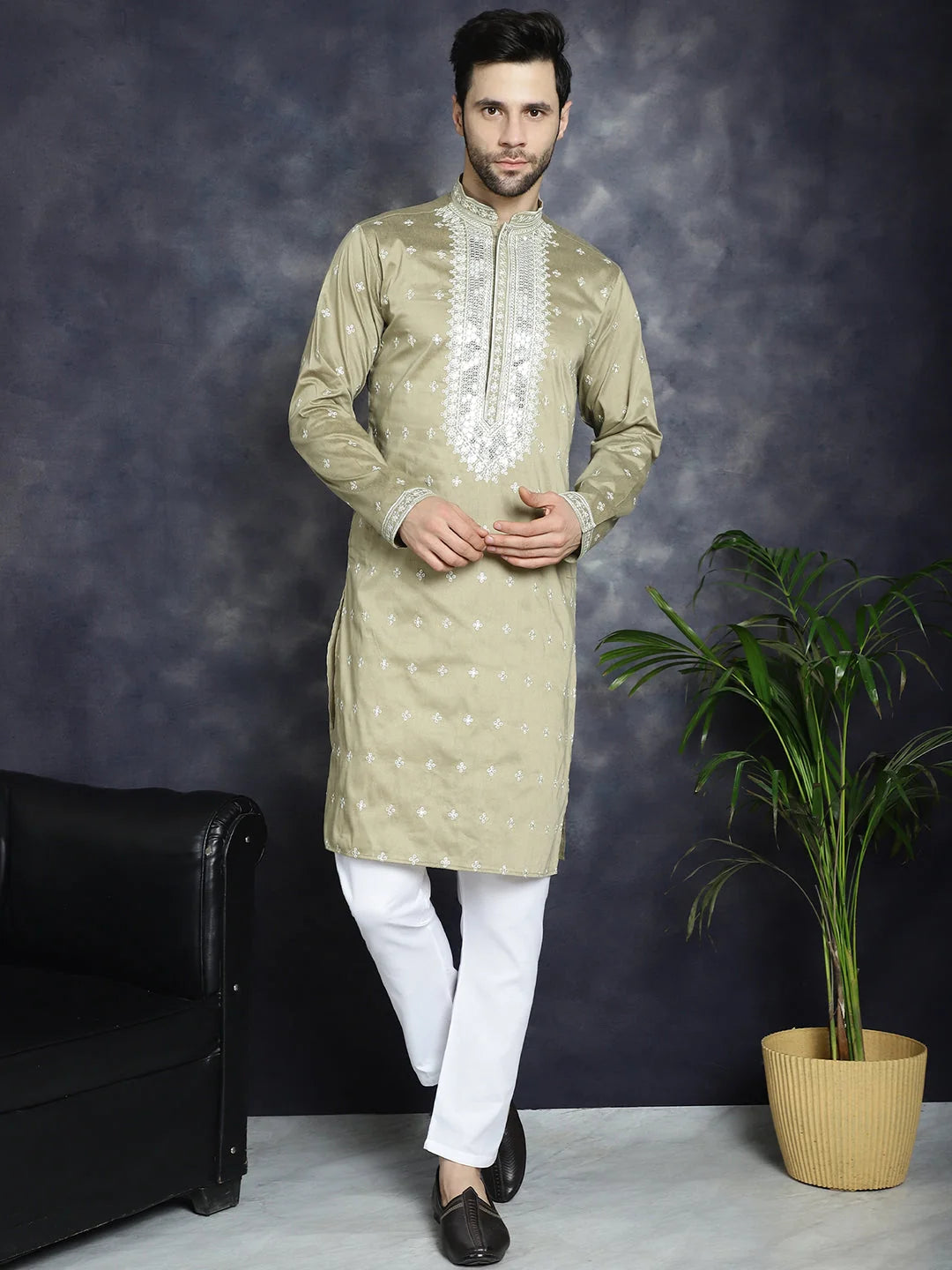 Men's Sequin Kurta - Beige Indian Wedding Kurta for Men