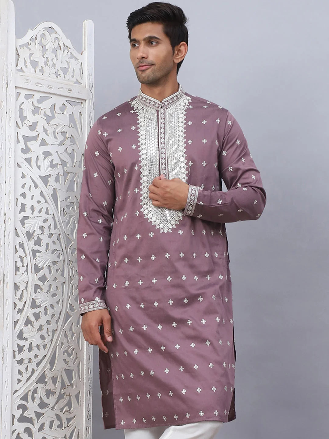 Magenta Embroidered Mens Kurta - Wedding Kurta for Men