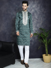 Men's Sequins Embroidered Kurtas ( KO 5038Olive )