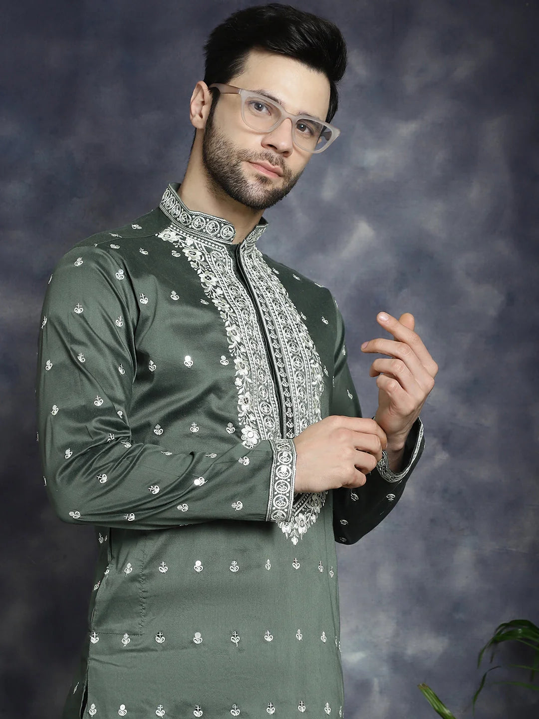 Olive Chikankari Mens Kurta | Indian Kurta for Men Online