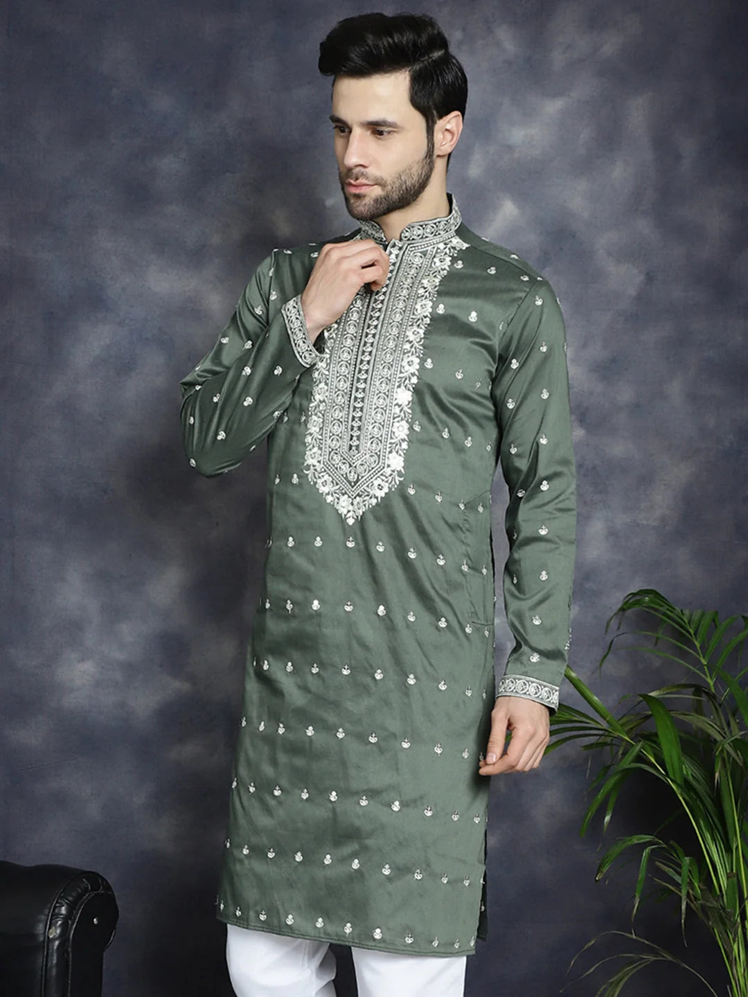 Olive Chikankari Mens Kurta | Indian Kurta for Men Online