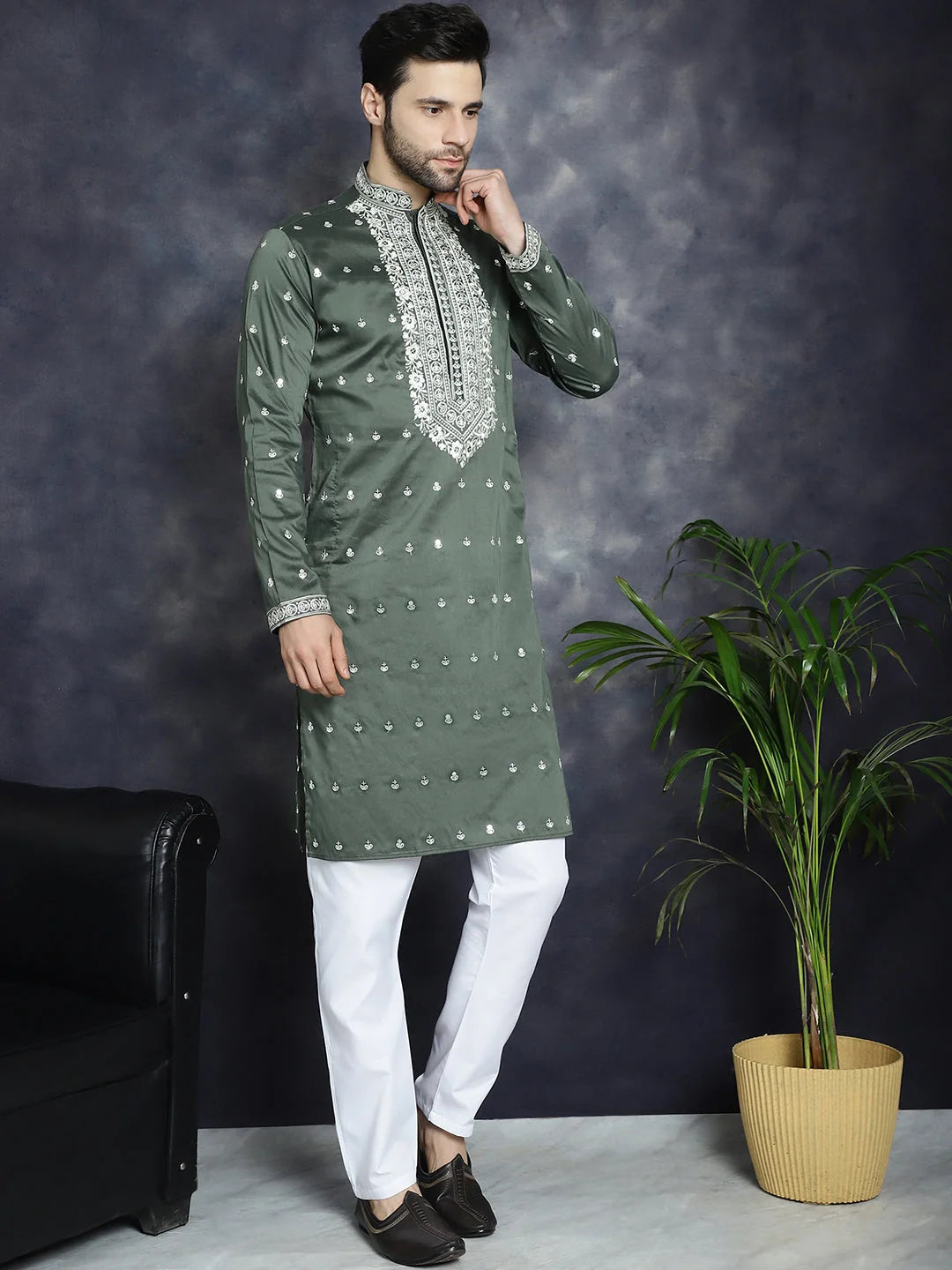 Olive Chikankari Mens Kurta | Indian Kurta for Men Online