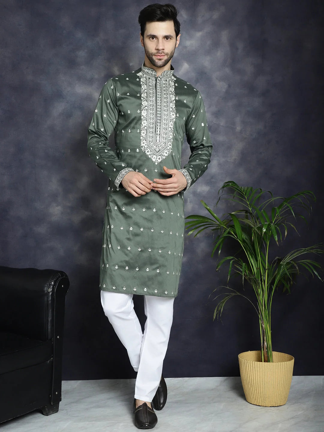 Olive Chikankari Mens Kurta | Indian Kurta for Men Online