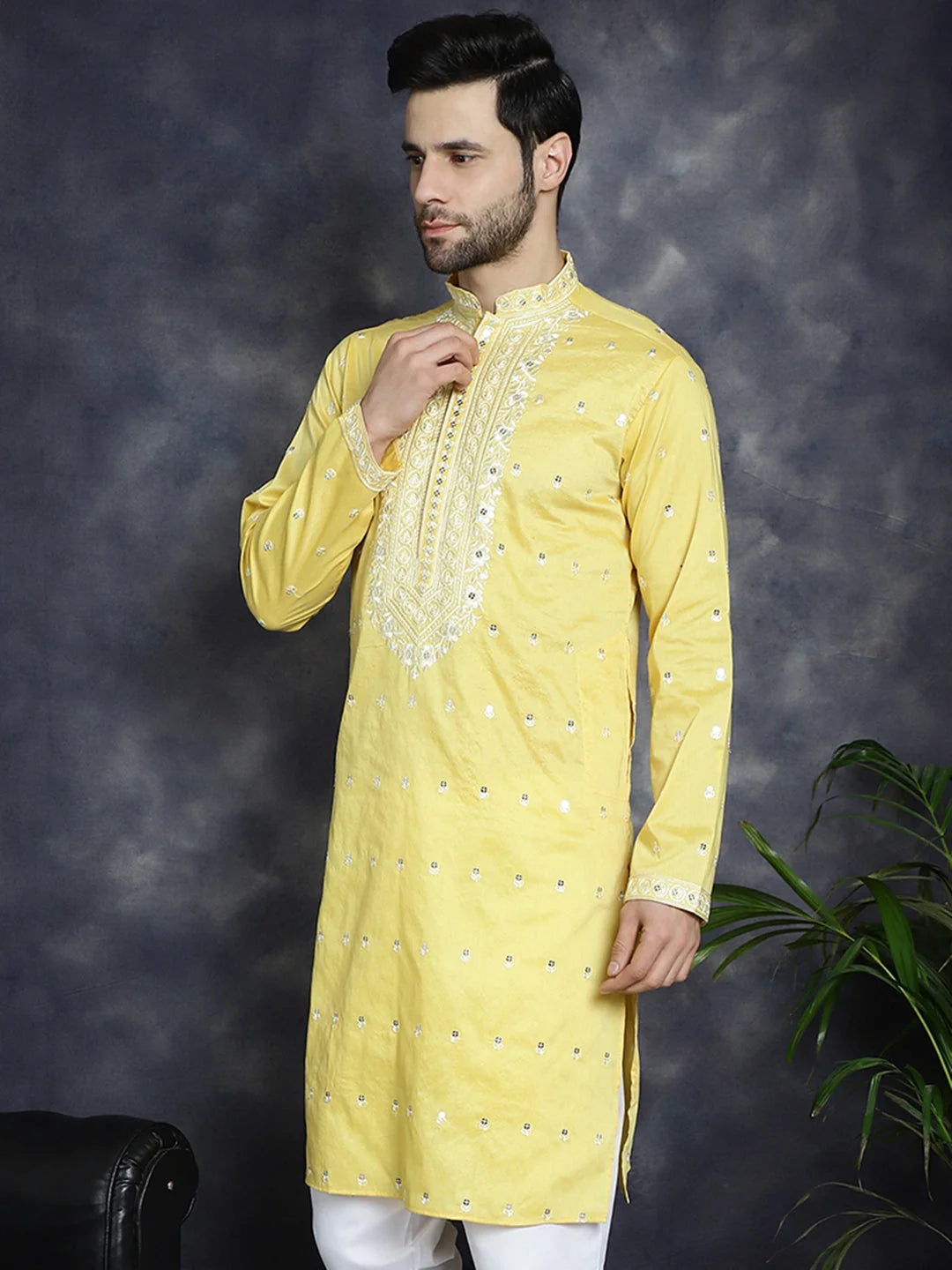 Yellow Chikankari Kurta for Men - Cotton Indian Kurta Online