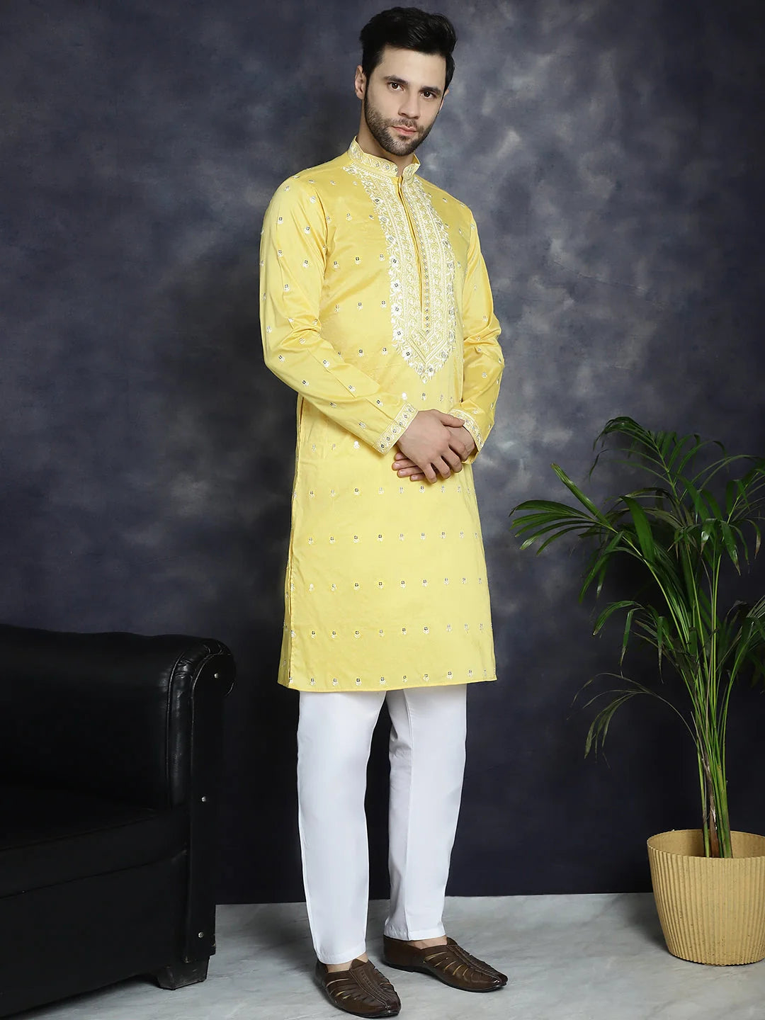 Yellow Chikankari Kurta for Men - Cotton Indian Kurta Online