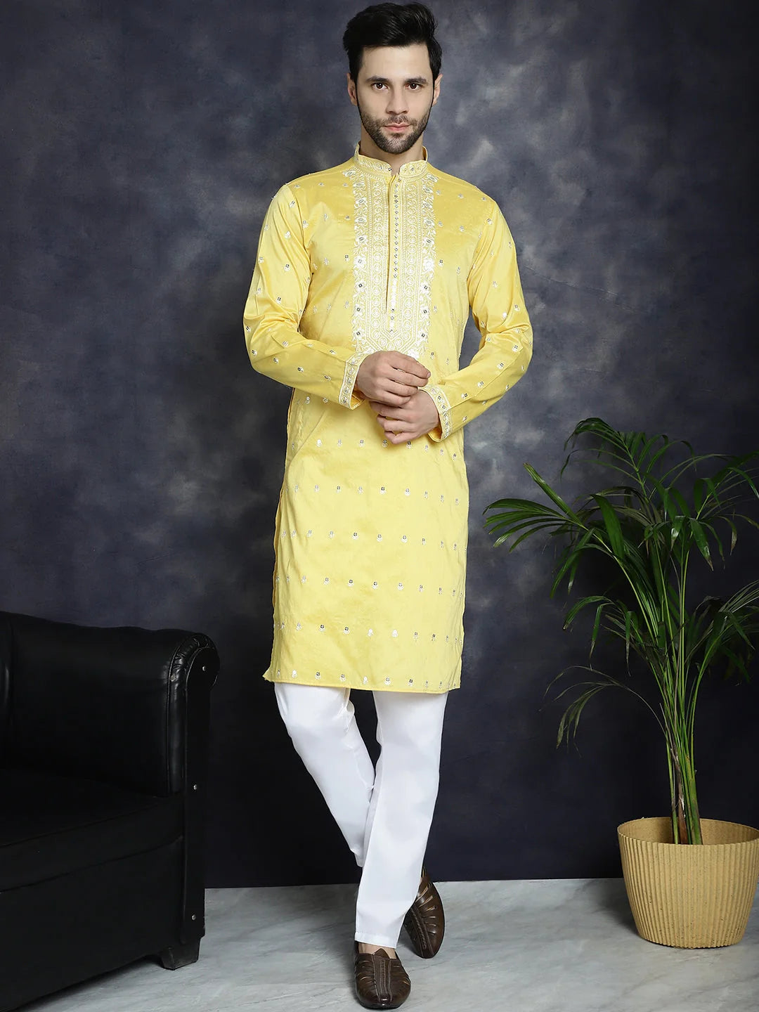 Yellow Chikankari Kurta for Men - Cotton Indian Kurta Online