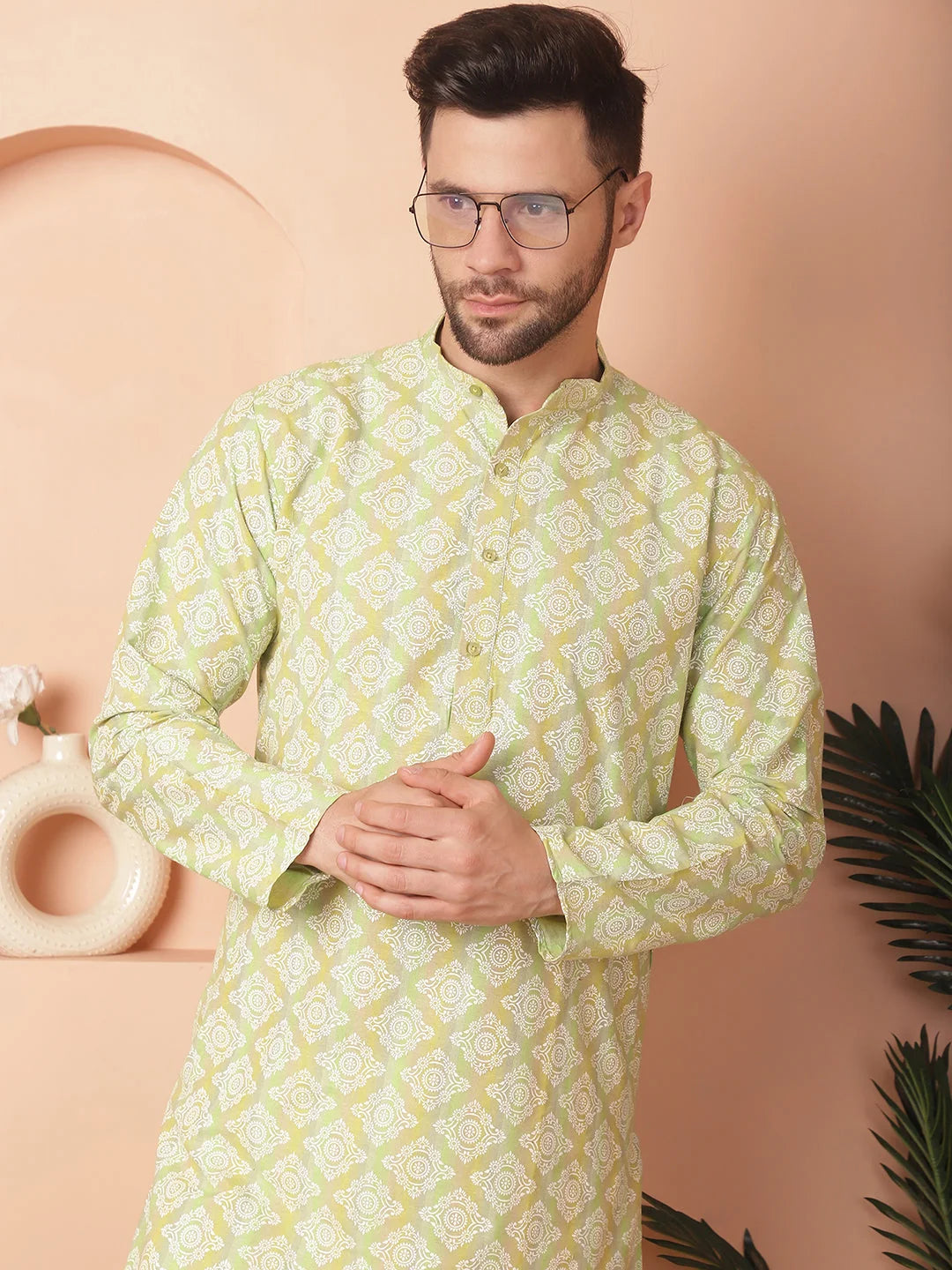 Men Green and White Floral Printed Kurtas-KO-5040Green