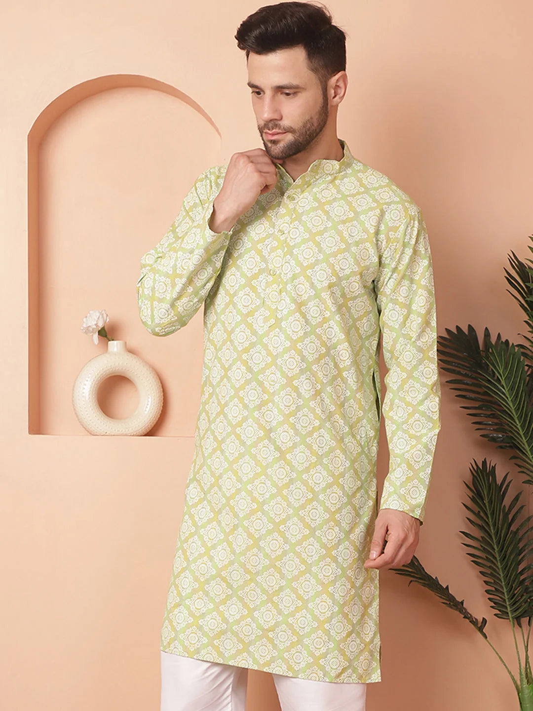 Green Floral Mens Kurta - Indian Kurta for Men Online