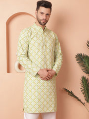 Men Green and White Floral Printed Kurtas-KO-5040Green