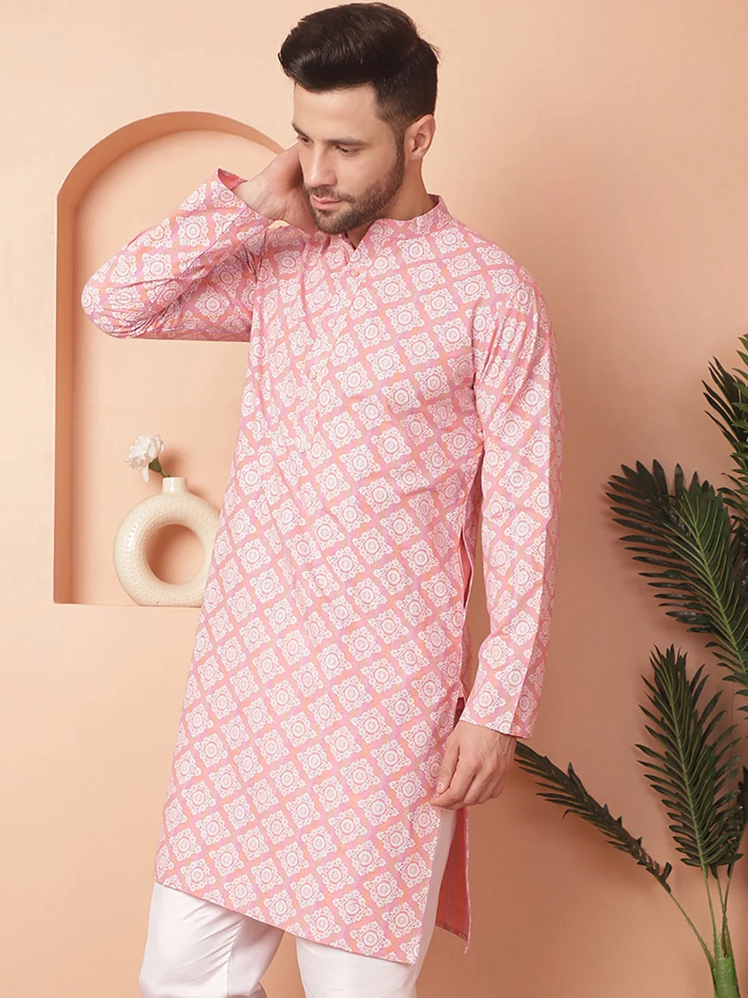 Peach Floral Mens Kurta - Indian Kurta for Men Online