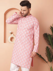 Men Peach and White Floral Printed Kurtas-KO-5040Peach