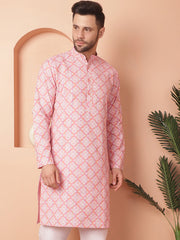 Men Peach and White Floral Printed Kurtas-KO-5040Peach