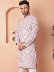 Men Purple and White Floral Printed Kurtas-KO-5040Purple
