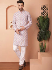Men Purple and White Floral Printed Kurtas-KO-5040Purple