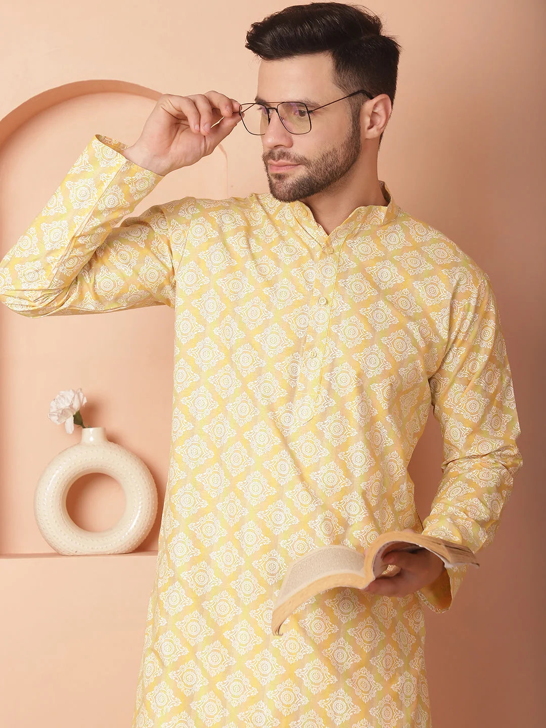 Men Yellow and White Floral Printed Kurtas-KO-5040Yellow