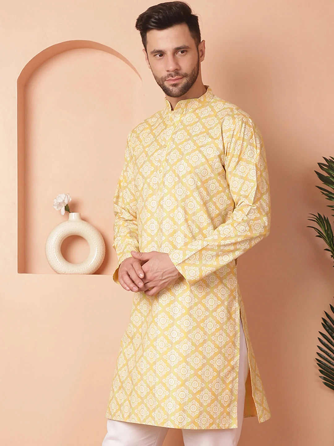 Yellow Floral Mens Kurta - Indian Kurta for Men Online