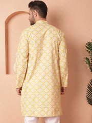 Men Yellow and White Floral Printed Kurtas-KO-5040Yellow