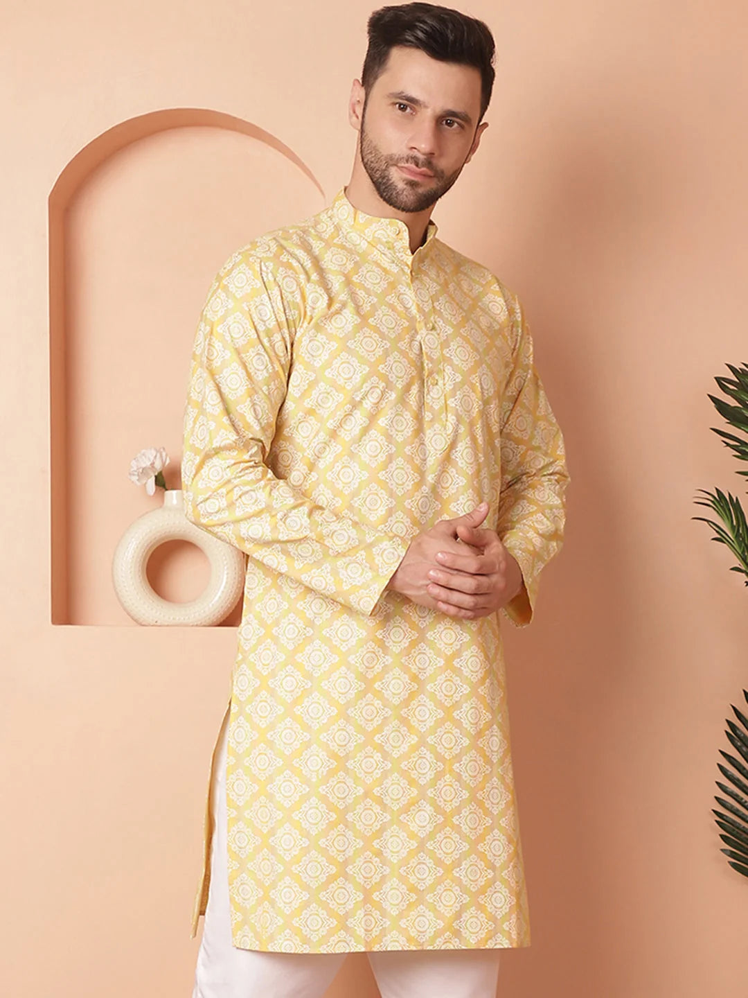 Yellow Floral Mens Kurta - Indian Kurta for Men Online