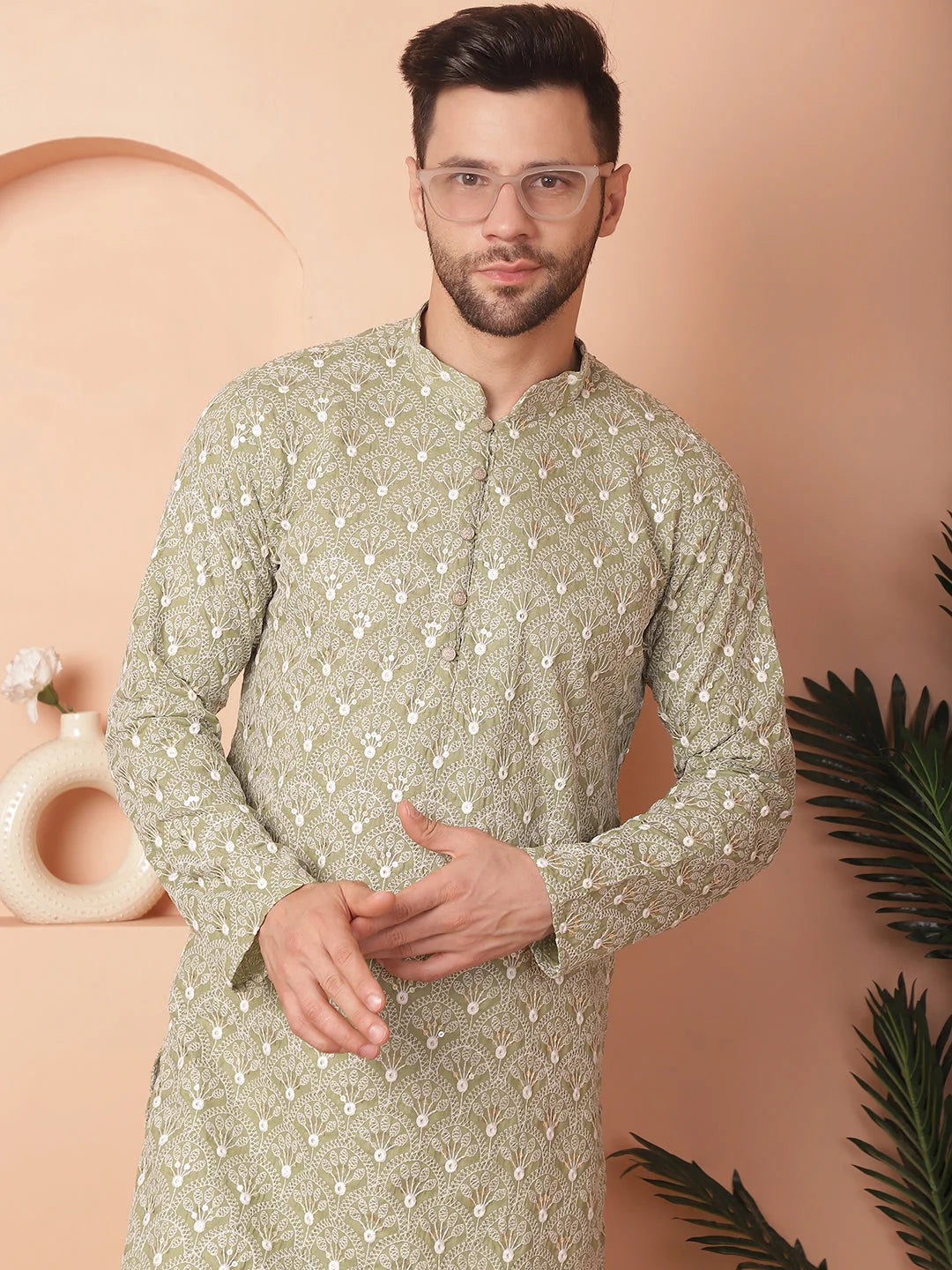 Green Chikankari Cotton Indian Kurta for Men | Men's Kurta
