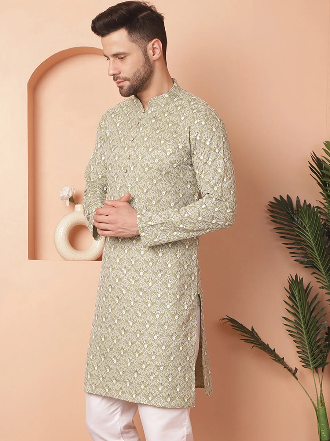 Green Chikankari Cotton Indian Kurta for Men | Men's Kurta
