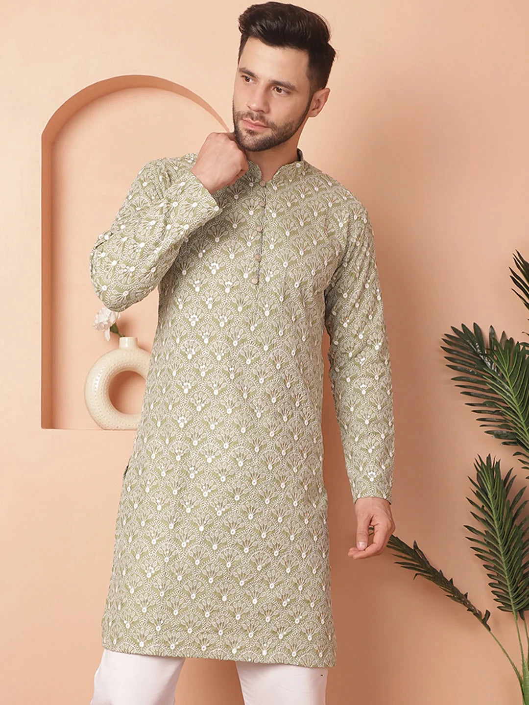 Green Chikankari Cotton Indian Kurta for Men | Men's Kurta