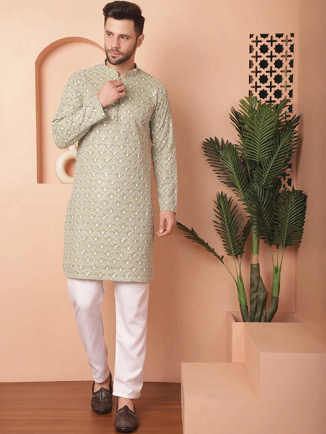 Green Chikankari Cotton Indian Kurta for Men | Men's Kurta