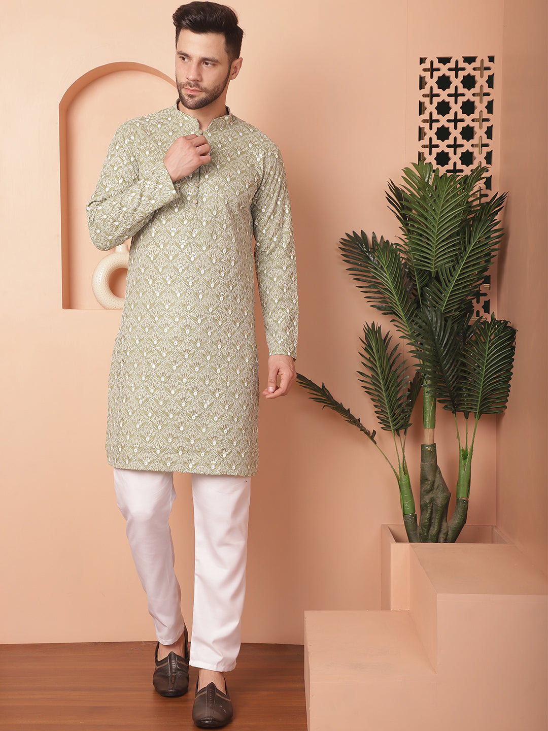 Green Chikankari Cotton Indian Kurta for Men | Men's Kurta