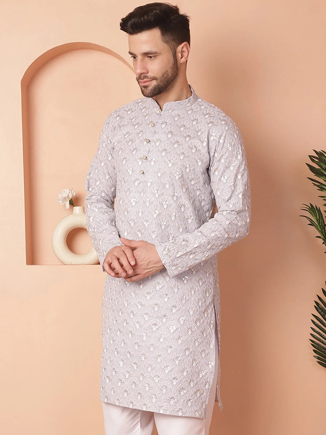 Grey Chikankari Cotton Indian Kurta for Men | Men's Kurta