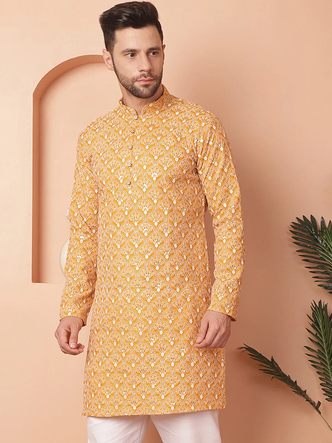 Mustard Chikankari Cotton Indian Kurta for Men | Men's Kurta