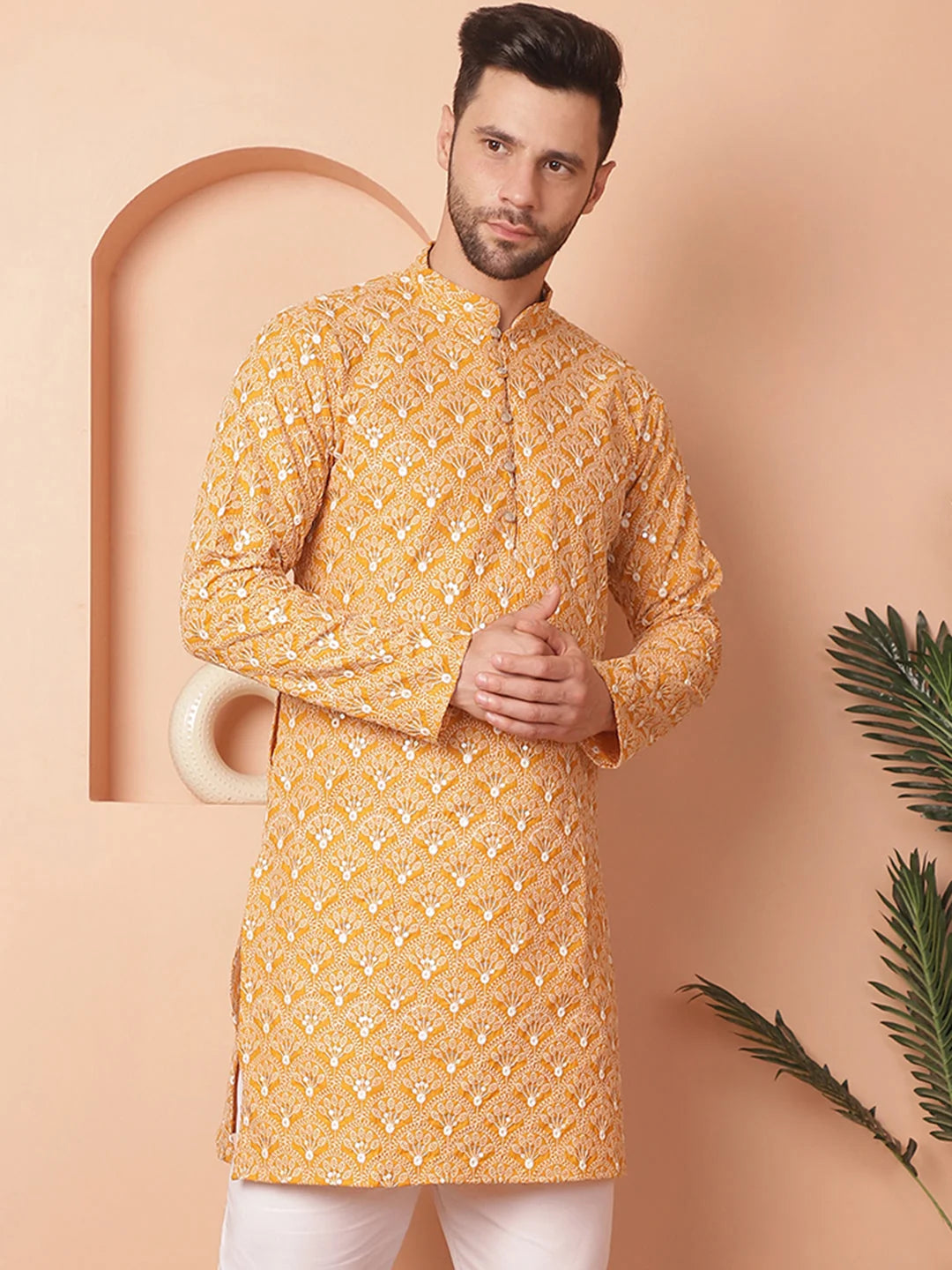 Mustard Chikankari Cotton Indian Kurta for Men | Men's Kurta