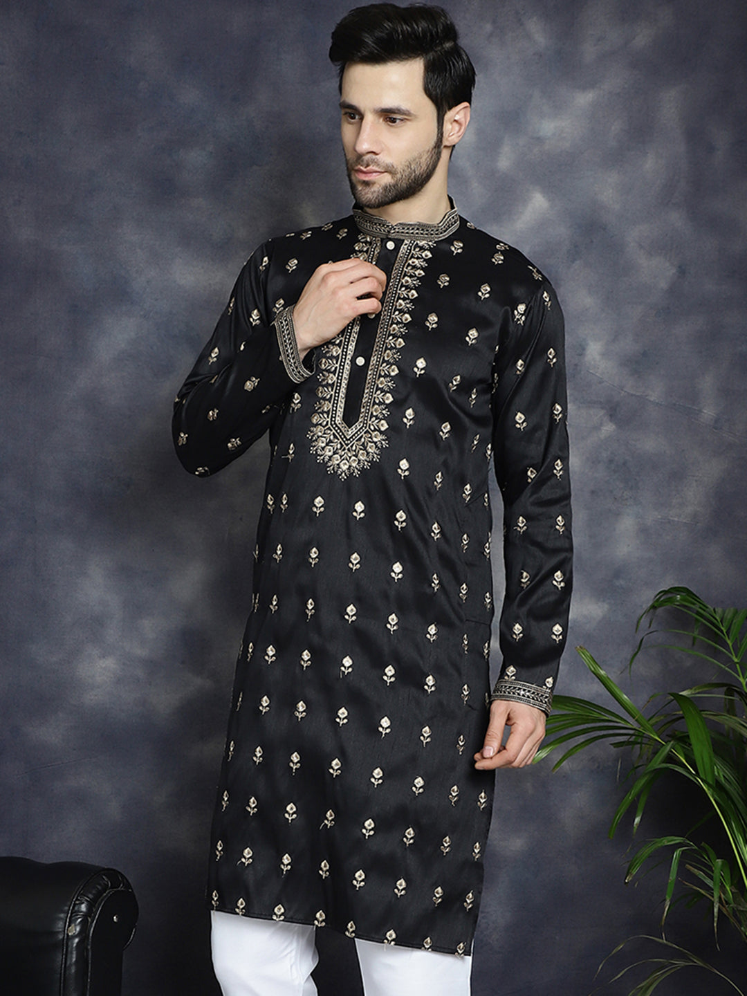 Black Chikankari Men's Kurta - Indian Kurta for Men Online