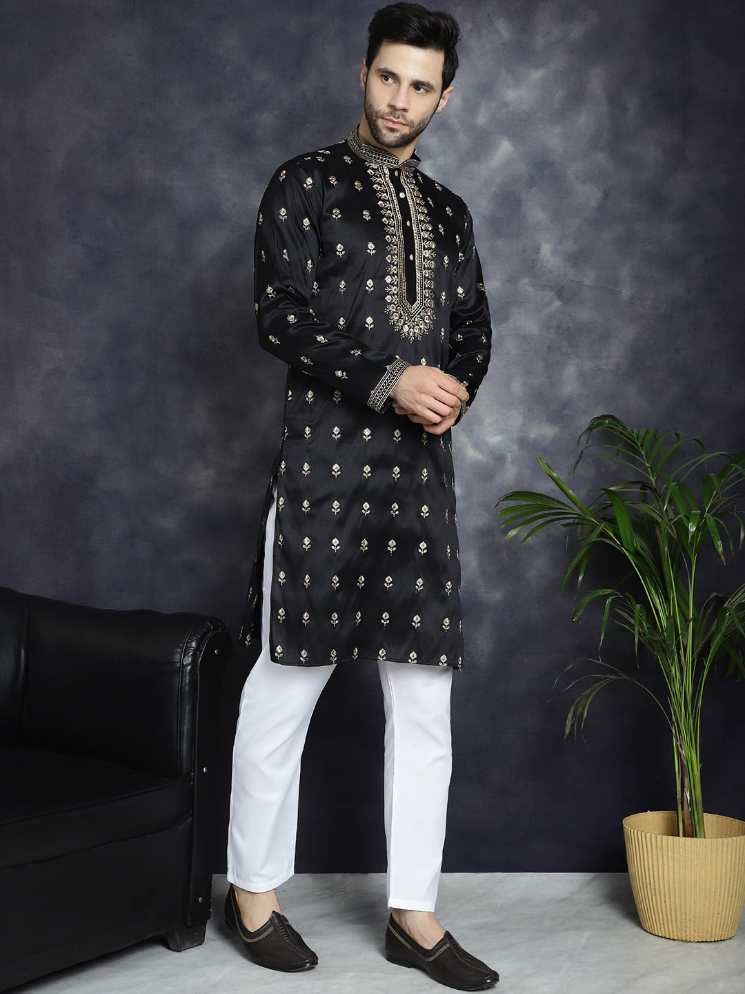 Black Chikankari Men's Kurta - Indian Kurta for Men Online